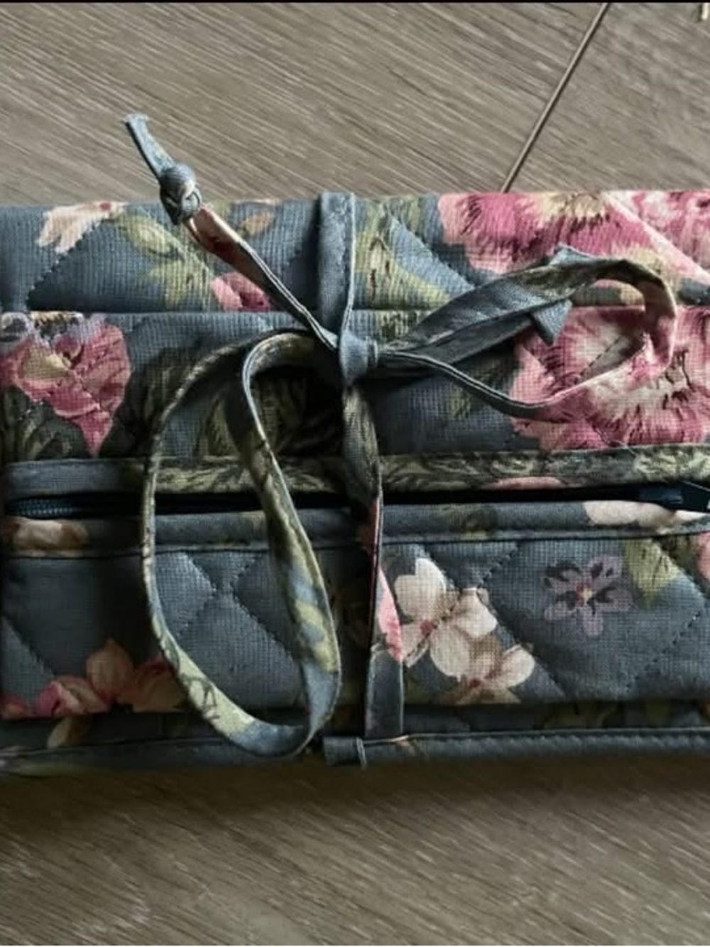 Floral Quilted Roll-Up Cosmetic Bag — Blue with Pink Blooms